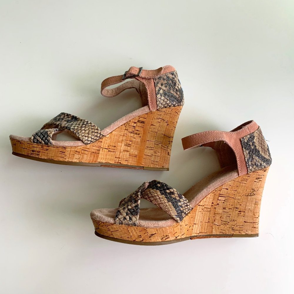 Toms Snakeskin Suede Blush Wedge Cork Sandals